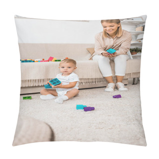 Personality Adorable Toddler Looking At Camera And Playing With Colorful Cubes And Mother  Pillow Covers