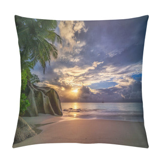 Personality  Picturesque Sunset On Dream Beach At Anse Georgette On Praslin On The Seychelles. A Big Granite Rock, Turquoise Water, Palm Trees And A Romantic Sky... Pillow Covers