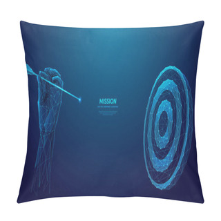 Personality  Digital Close-up Human Hand Holding A Bow Arrow And It Is Aiming At A Target. Abstract Business Goal Metaphor. Futuristic Low Poly Wireframe Vector Illustration On Blue Technology Background. Pillow Covers