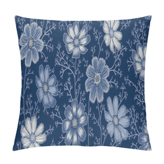 Personality  Navy Blue Seamless Spring Floral Pattern. Flowering Plants. Vintage Vector. Cute Flowers Cosmos. Victorian Style. Luxurious Summer Textiles, Paper, Wallpaper Decoration. Ornamental Cover. Pillow Covers