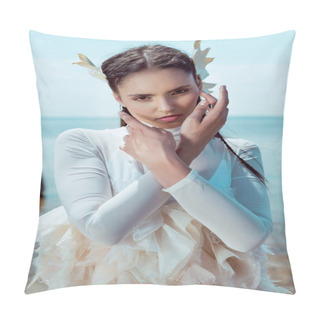 Personality  Portrait Of Adult Woman In White Swan Costume Looking At Camera Pillow Covers