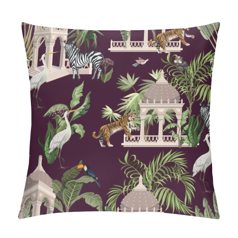 Personality  Seamless Pattern With Ancient Arbor And Wild Animals In The Jungle. Vector. Pillow Covers