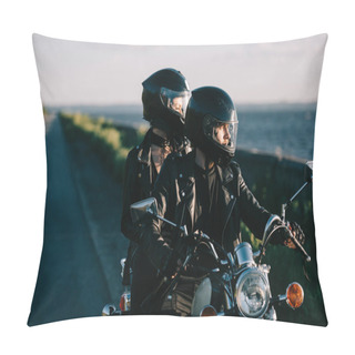 Personality  Couple Of Bikers In Helmets Riding Classical Motorcycle On Country Road Pillow Covers