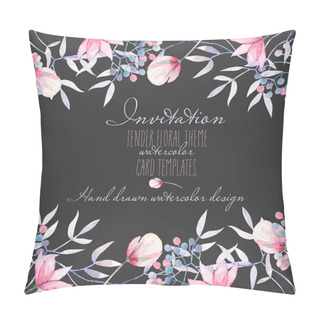 Personality  Template Postcard With With Watercolor Tender Flowers And Leaves In Pastel Shades, Hand Drawn On A Dark Background Pillow Covers