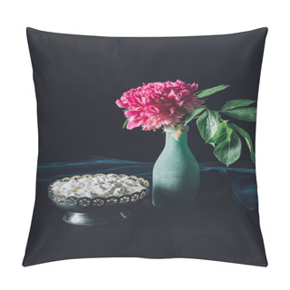 Personality  Peony Flower In Vase And Vintage Bowl With Sweet Marshmallows On Dark Background Pillow Covers