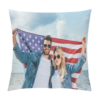 Personality  Attractive Woman And Handsome Man Smiling And Holding American Flag  Pillow Covers