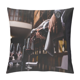 Personality  Selective Focus Of Sommelier Holding Towel And Pouring Wine In Glass On Table In Restaurant  Pillow Covers