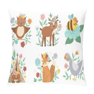 Personality  Vector Woodland Animals, Insects And Birds Collection. Boho Forest Floral Compositions. Bohemian Fox, Owl, Bear, Deer, Goose With Flowers On Heads. Celestial Clip Art With Cute Characters For Cards Pillow Covers