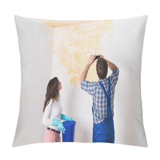 Personality  Handyman With Woman Photographing Ceiling Pillow Covers