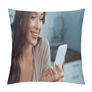 Personality  Happy Young Woman Using Smartphone In Kitchen  Pillow Covers