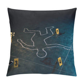 Personality  Chalk Outline And Evidence Markers At Crime Scene Pillow Covers