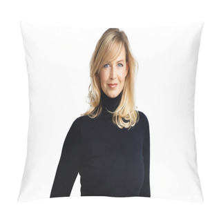 Personality  Studio Portrait Of Attractive Blond Haired Woman Wearing Turtleneck Sweater While Standing At Isolated White Background.  Pillow Covers
