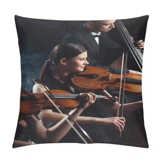 Personality  Trio Of Professional Musicians Playing On Violins And Contrabass On Dark Stage With Smoke Pillow Covers
