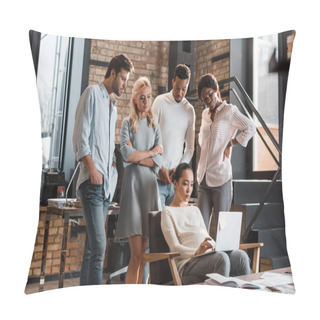 Personality  Thoughtful Multicultural Businesspeople Looking At Asian Colleague Working On Laptop  Pillow Covers