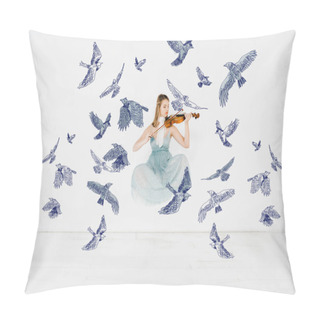 Personality  Floating Girl In Blue Dress Playing Violin With Birds Illustration Pillow Covers