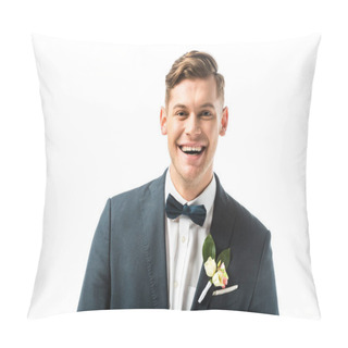 Personality  Happy Handsome Bridegroom In Bowtie And Jacket With Boutonniere Looking At Camera Isolated On White Pillow Covers