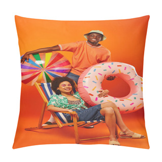 Personality  Full Length Of Cheerful African American Man In Summer Outfit Holding Pool Ring And Ball While Standing Near Best Friend On Deck Chair On Orange Background, Fashion-forward Friends, Friendship Pillow Covers