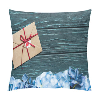 Personality  Top View Of Wooden Green Background With Blue Floral Border And Envelope Pillow Covers