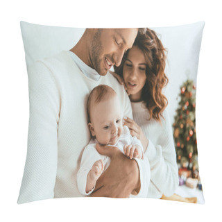 Personality  Happy Mother Standing Near Husband Holding Cute Little Daughter Pillow Covers