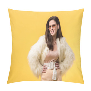 Personality  Smiling Party Girl In Faux Fur Jacket And Sunglasses With Hands On Hips Isolated On Yellow Pillow Covers