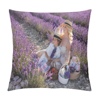 Personality  Woman With Daughter In White Dresses Having Fun In Lavender Field In Summer. Family Portraits Pillow Covers