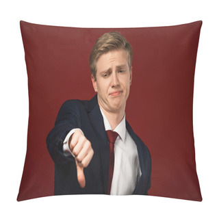 Personality  Displeased Man Showing Thumb Down On Red Background Pillow Covers