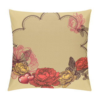 Personality  Background With Blooming Roses, Lace Napkin And Butterflies. Vec Pillow Covers