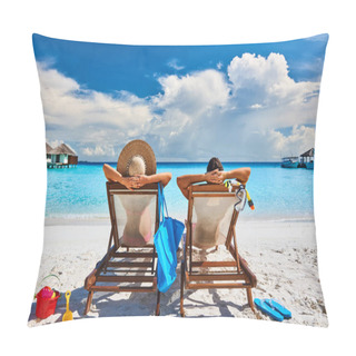 Personality  Couple In Sun Beds On A Tropical Beach At Maldives Pillow Covers