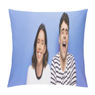 Personality  Panoramic Shot Of Cheerful Man And Woman Laughing With Closed Eyes On Blue Background Pillow Covers