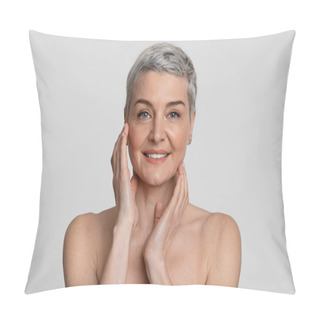 Personality  Mature Beauty. Portrait Of Nude Beautiful Middle-Aged Woman Touching Her Smooth Skin Pillow Covers