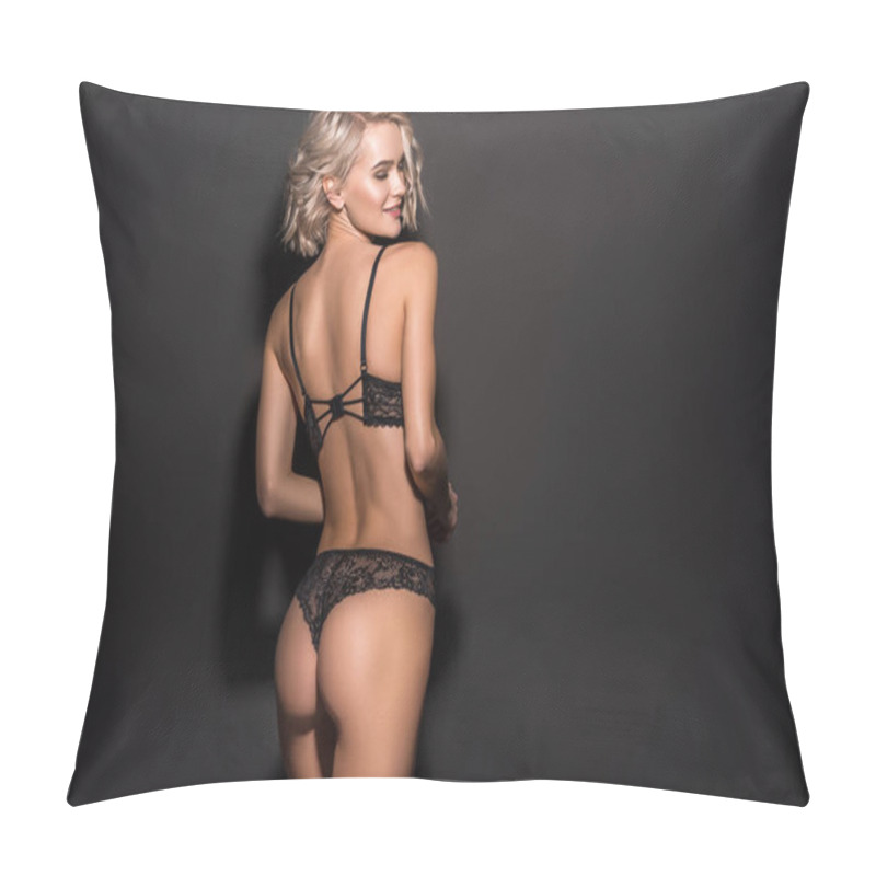 Personality  Back View Of Beautiful Sexy Girl In Lace Lingerie Posing On Black With Copy Space Pillow Covers