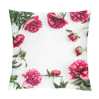 Personality  Mock Up Of Pink Peony Flowers With Space For Text. Flat Lay, Top View Border Frame. Pillow Covers