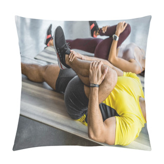 Personality  Cropped View Of Sportsman And Sportswoman Stretching On Fitness Mats In Sports Center Pillow Covers