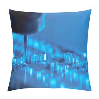 Personality  Metalworking CNC Milling Machine. Drilling Steel. A Drilling Machine Processes Metal, Cuts Out A Shape. Modern Processing Technology Of Detail. Making Industrial Details Close Up In Blue Light. Pillow Covers