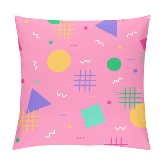 Personality Seamless Colorful Pattern With Abstract Zigzags, Grids And Geometric Shapes Lite Triangle, Square And Circles. Vector Pink Decorative Background For Holiday Party Celebration. Pillow Covers