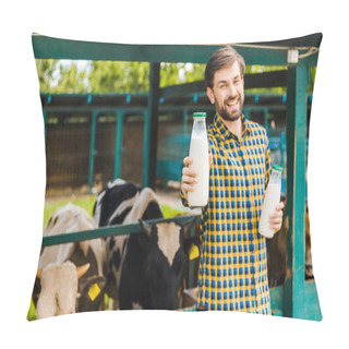 Personality  Handsome Smiling Farmer Showing Cow Milk Near Stable Pillow Covers