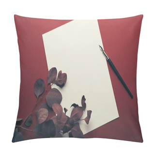 Personality  Top View Of Eucalyptus Branches With Empty Page And Fountain Pen On Red  Pillow Covers