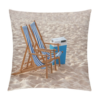 Personality  Two Chaise Lounges And Cooler Box On Sunny Beach Pillow Covers