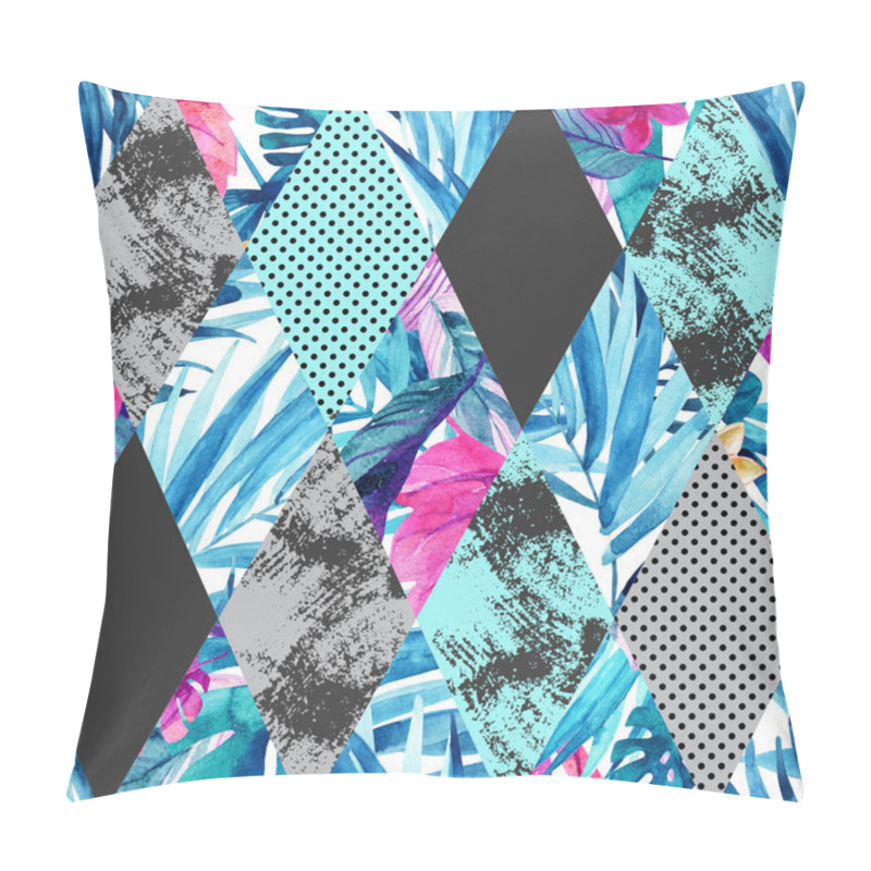 Personality  Abstract watercolor rhombi and tropical leaves seamless pattern. Rhombuses with palm leaf, marble, grunge textures background. Hand painted colorful natural illustration in patchwork style pillow covers