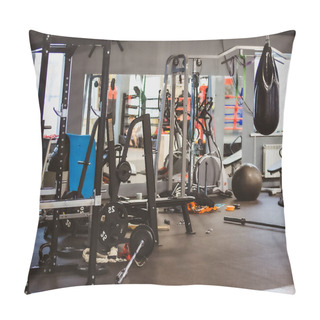 Personality  MOSCOW, RUSSIA, December 02, 2018: Modern Gym Room Fitness Center With Equipment And Machines Pillow Covers
