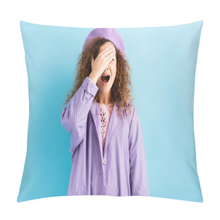 Personality  Scared And Curly Woman In Beret Covering Face With Hands And Screaming On Blue Pillow Covers