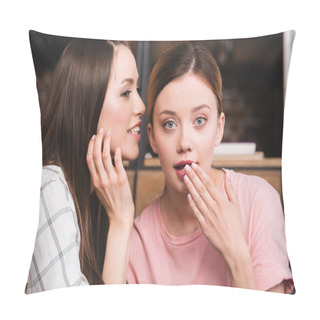 Personality  Side View Of Young Woman Whispering Secret To Surprised Female Friend  Pillow Covers