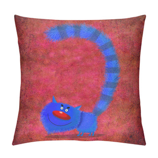 Personality  Blue Smiling Cat With Puffed Up On The Red Background  Pillow Covers