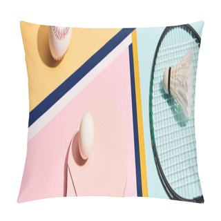 Personality  Badminton And Table Tennis Kits With Baseball Ball On Colorful Background With Lines, Panoramic Shot Pillow Covers