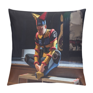 Personality  Actor Dressed Jester's Costume In Interior Of Old Theater.  Pillow Covers