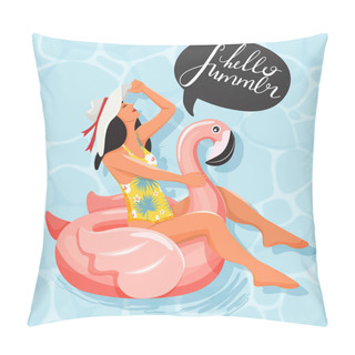Personality  Woman Floating And Sunbathing On Inflatable Ring In The Shape Of Flamingo In Swimming Pool.  Pillow Covers