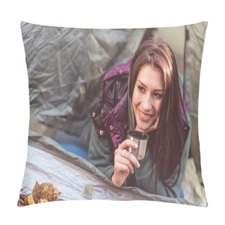 Personality  Woman In Tent Holding Metallic Cup Pillow Covers