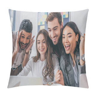 Personality  Cheerful Multicultural Businessmen And Businesswomen Looking At Laptop In Office  Pillow Covers