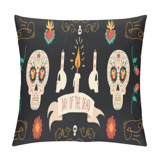 Personality Day Of The Dead Hand Drawn Sugar Skull Banner Art Pillow Covers