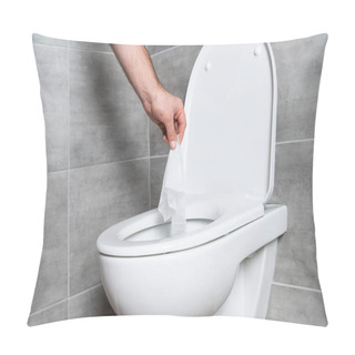 Personality  Cropped View Of Man Putting Napkin In White Toilet Bowl At Bathroom Pillow Covers